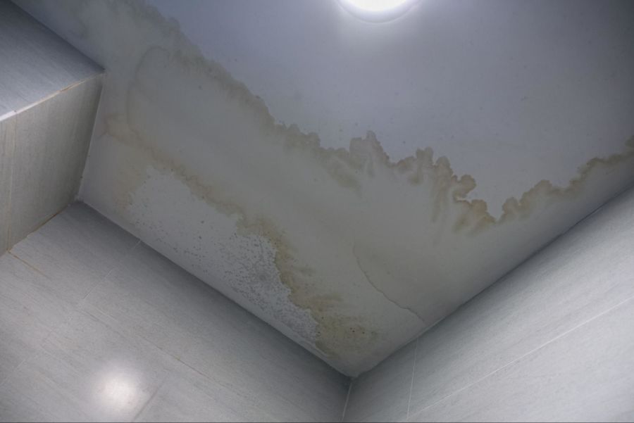 A large water leak on a white ceiling